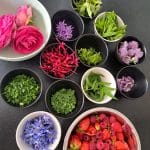 Une variété d'herbes fraîches, de fleurs comestibles et de baies sont disposées dans des bols sur une surface sombre, y compris des roses, des fraises, des fleurs de ciboulette violettes, des herbes vertes et d'autres ingrédients colorés.