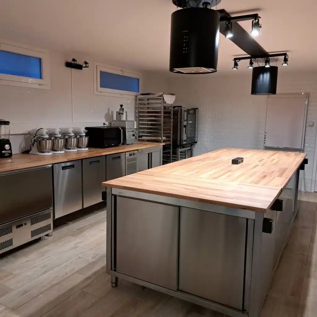 Un atelier de cuisine et pâtisserie spacieux et moderne avec un grand îlot en bois, des comptoirs en acier inoxydable, des mélangeurs, un micro-ondes, des étagères de boulangerie et des éclairages suspendus. Les murs sont blancs et le sol est en bois clair.