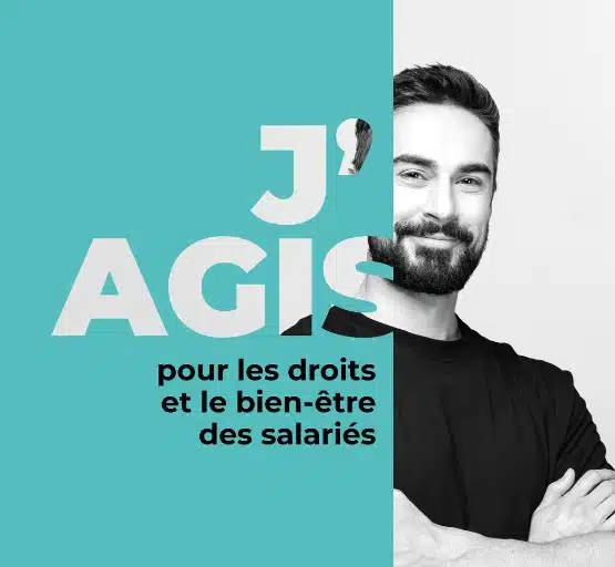 Un homme souriant se tient debout, les bras croisés ; le texte superposé indique "JAGIS pour les droits et le bien-être des salariés" sur un fond bleu et blanc partagé.