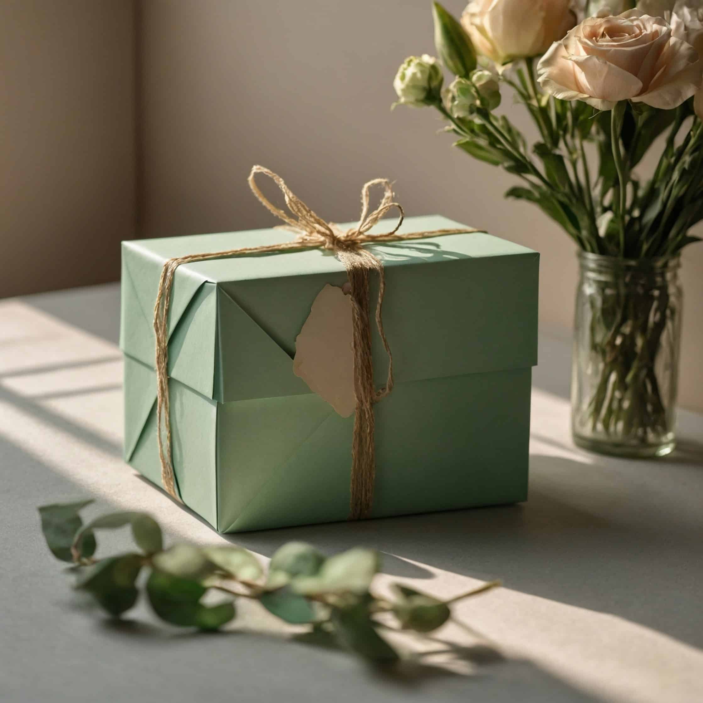 Un paquet cadeau vert noué avec de la ficelle est posé sur une table à côté d'un pot en verre contenant des roses pâles et de la verdure dans l'atmosphère accueillante de la chambre d'hôtes "Compostelle". La lumière du soleil projette des ombres douces, ajoutant chaleur et élégance à la scène.