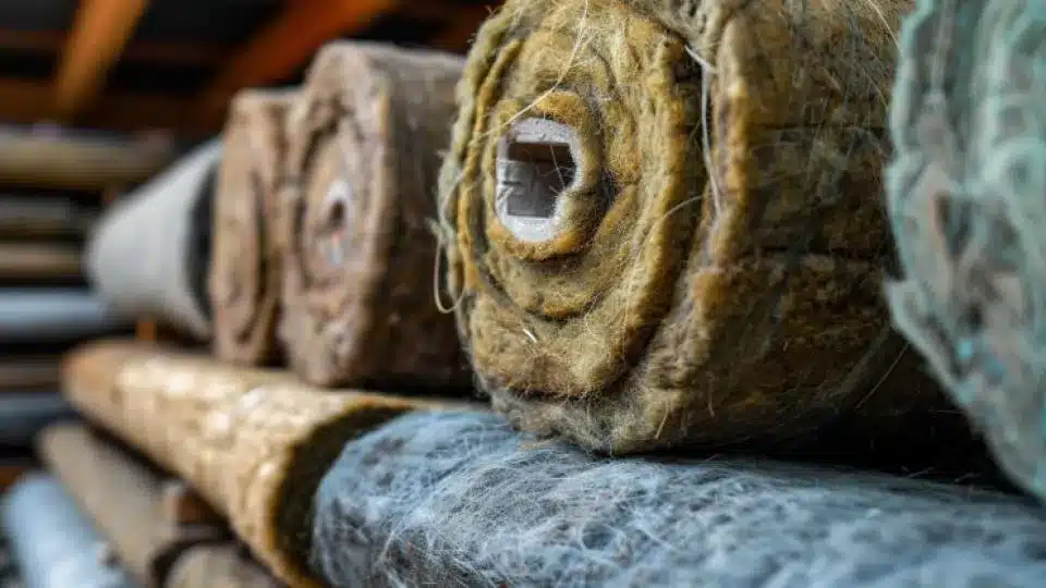 Vue rapprochée de plusieurs rouleaux de matériau isolant empilés les uns sur les autres, avec une attention particulière sur leur texture fibreuse et leur forme cylindrique.