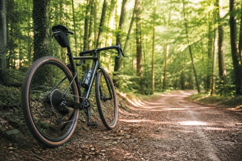 Un vélo à l'arrêt sur un chemin dans la forêt avec le soleil qui perce les arbres.